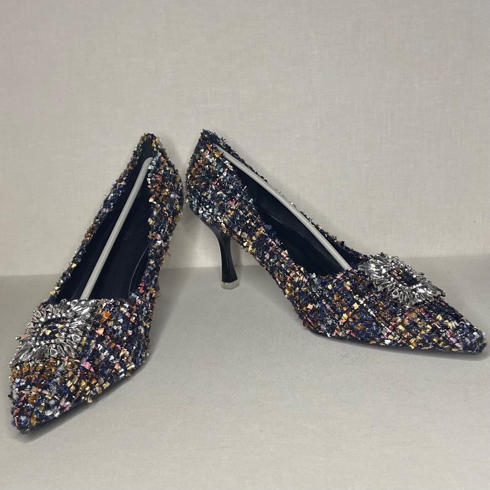 C. Paravano Multicolor Tweed Pointed Toe Heels w/ Crystal Buckle EU 41 (US 10) - Picture 4 of 16
